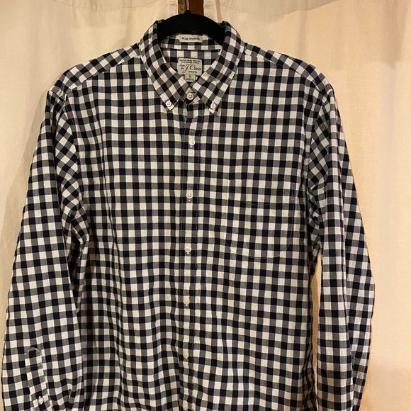 J Crew Navy Check , Large Slim Untucked - Picture 1 of 3